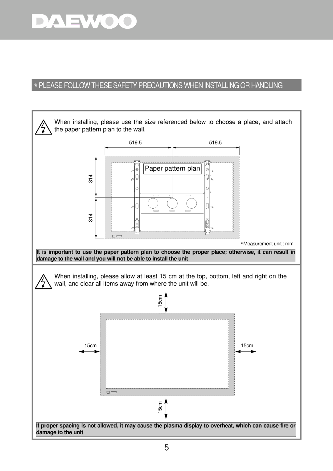 Daewoo DP-HG22 instruction manual Paper pattern plan 