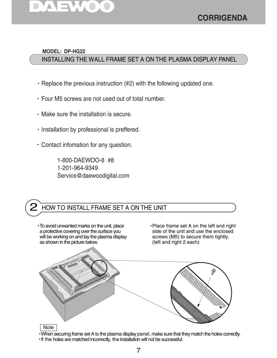 Daewoo DP-HG22 Installing the Wall Frame SET a on the Plasma Display Panel, HOW to Install Frame SET a on the Unit 