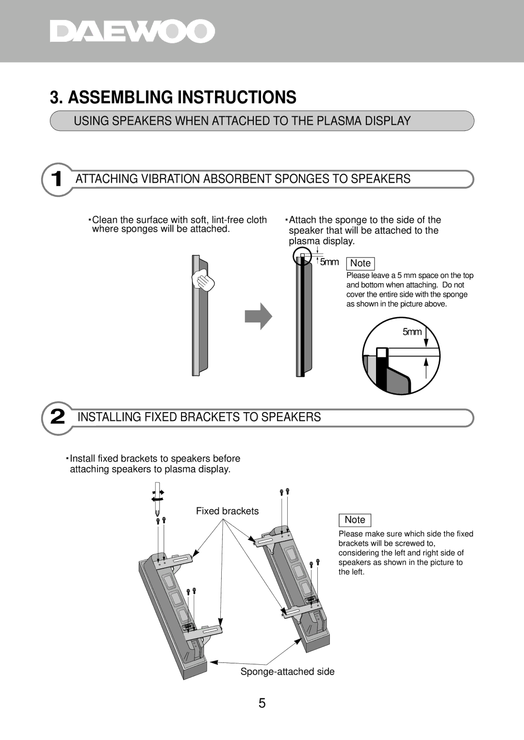 Daewoo DP-SP22, DP-SP21, DP-SP20 instruction manual Assembling Instructions, Installing Fixed Brackets to Speakers 