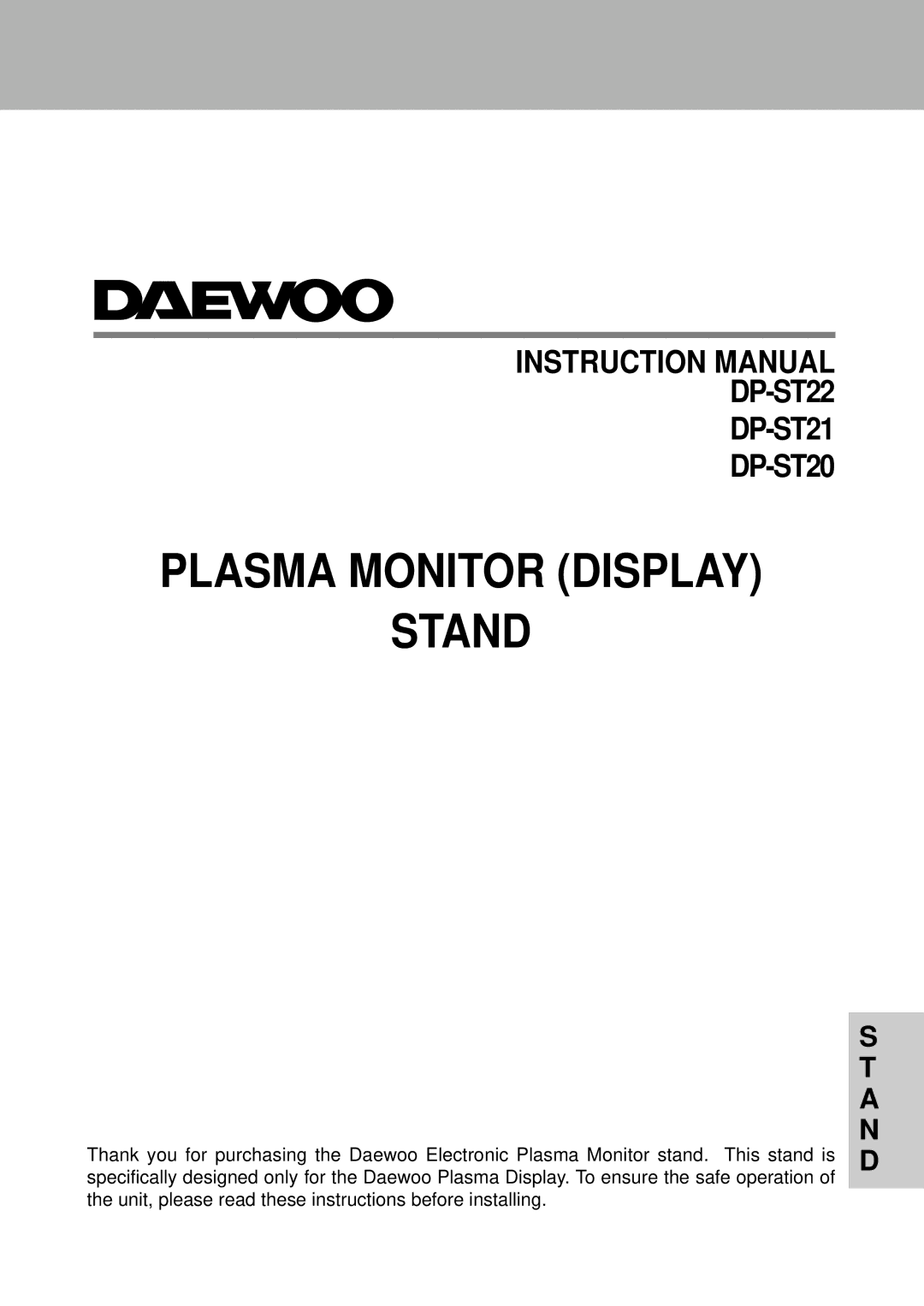 Daewoo instruction manual Plasma Monitor Display Stand, DP-ST22 DP-ST21 DP-ST20 