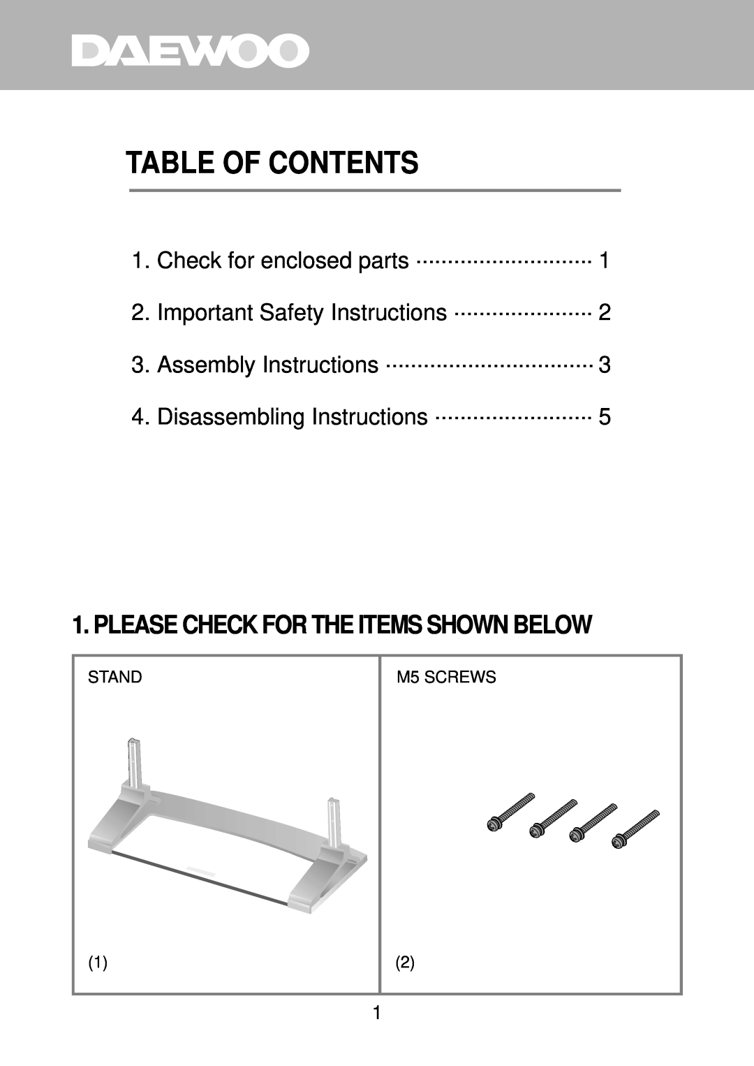 Daewoo DP-ST20, DP-ST21 instruction manual Please Check For The Items Shown Below, Table Of Contents, Stand, M5 SCREWS 