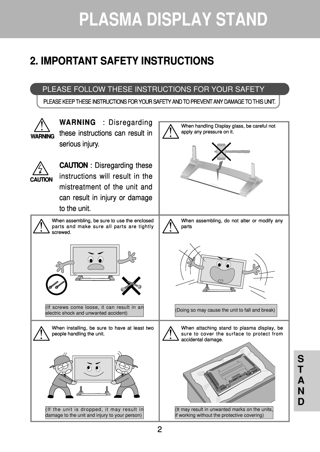 Daewoo DP-ST21, DP-ST20 instruction manual Plasma Display Stand, Important Safety Instructions, S T A N D 