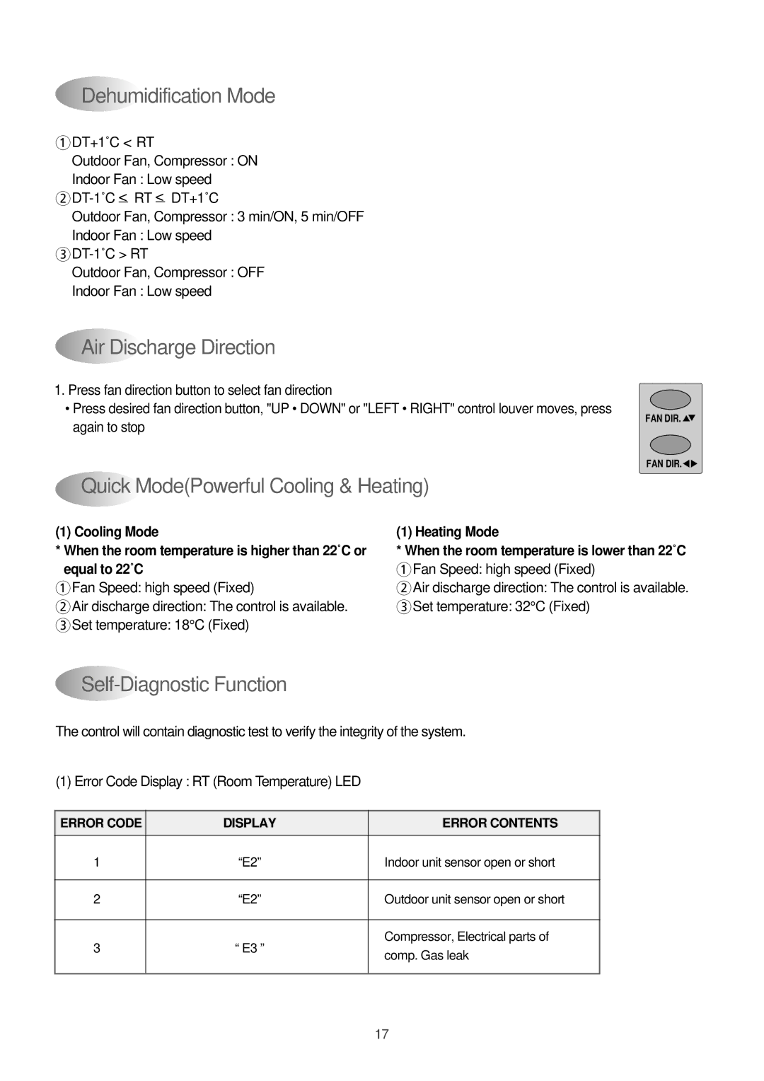 Daewoo DPB-280LH service manual Dehumidification Mode, Air Discharge Direction, Quick ModePowerful Cooling & Heating 