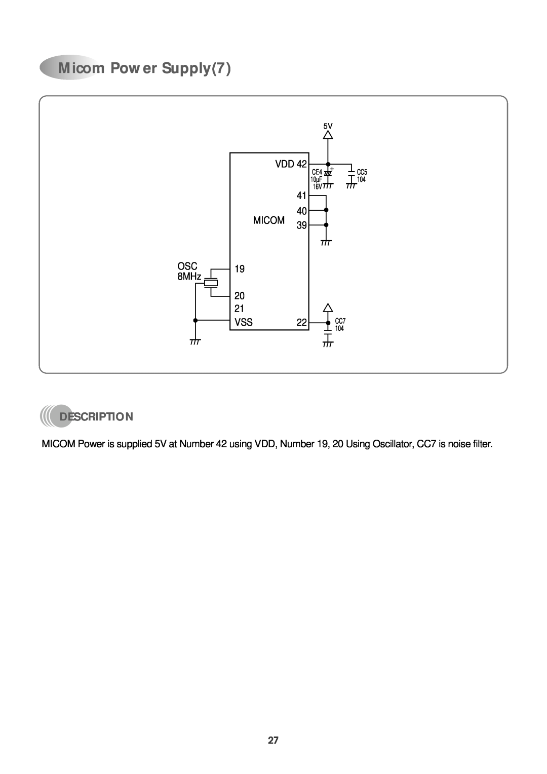 Daewoo DPB-280LH service manual Micom Power Supply7, Description, OSC 8MHz, Vdd, 19 20 21 VSS, 10∝ F 