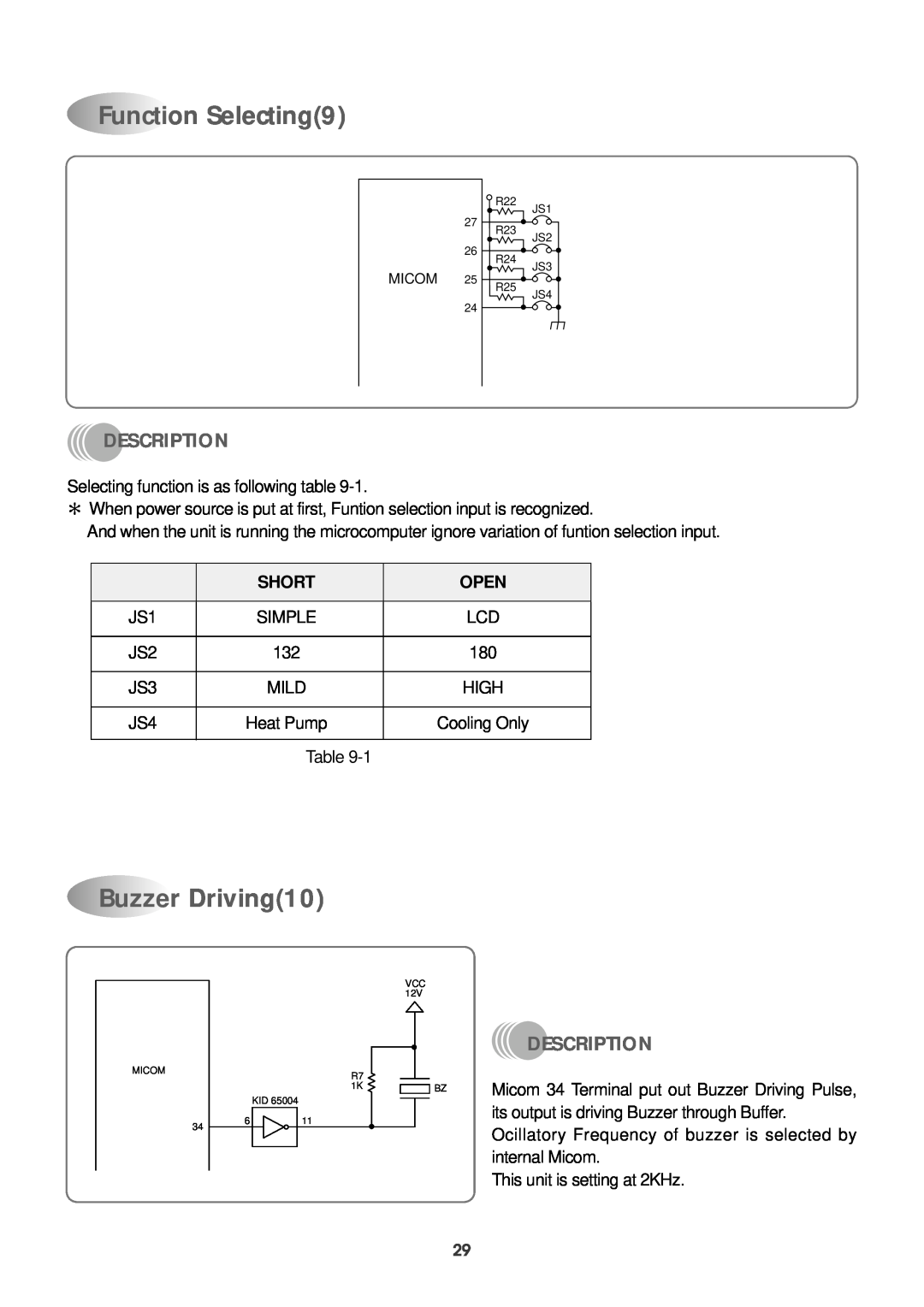 Daewoo DPB-280LH service manual Function Selecting9, Buzzer Driving10, Description, Short, Open 