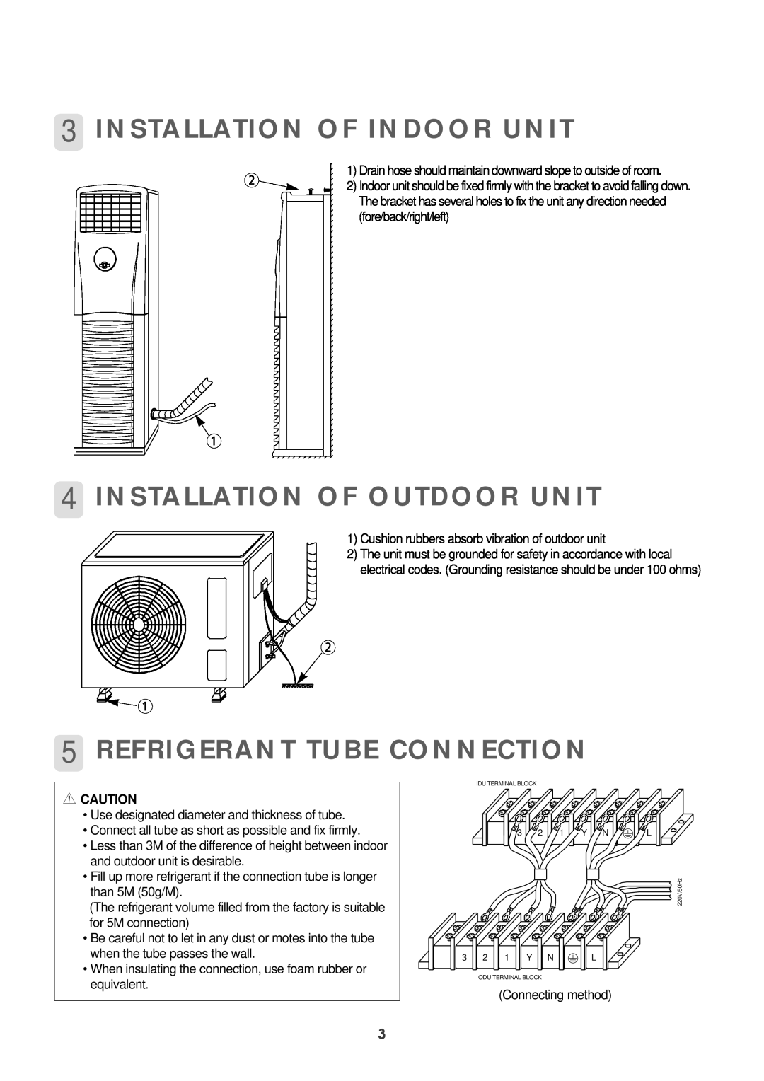 Daewoo DPB-280LH service manual 3INSTALLATION OF INDOOR UNIT, 4INSTALLATION OF OUTDOOR UNIT, 5REFRIGERANT TUBE CONNECTION 