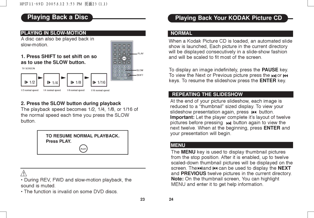 Daewoo DPC - 7400P manual Playing in SLOW-MOTION, Normal, Repeating the Slideshow, Menu 