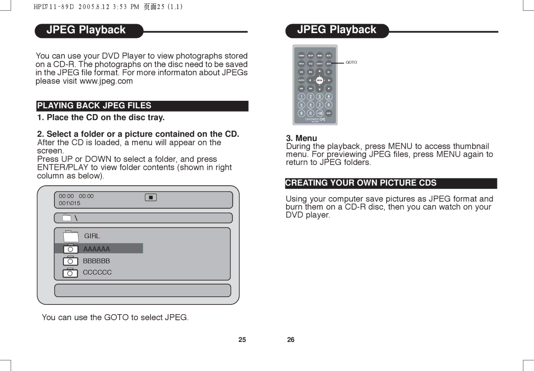 Daewoo DPC - 7400P manual JPEGPlayback, Jpeg Playback, Playing Back Jpeg Files, Menu, Creating Your OWN Picture CDS 