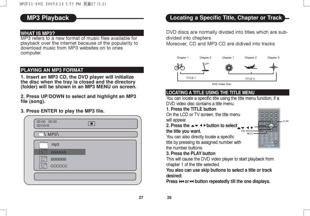 Daewoo DPC - 7400P manual MP3Playback, What is MP3?, Playing AN MP3 Format, Locating a Title Using the Title Menu 