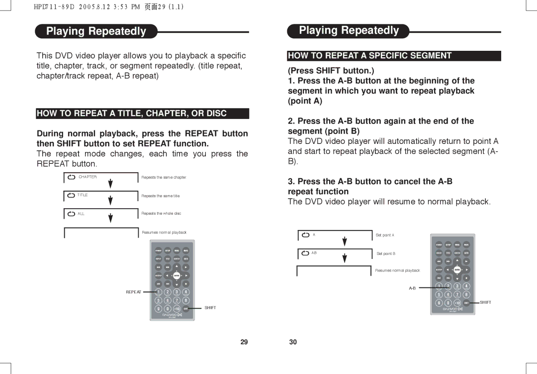 Daewoo DPC - 7400P manual Playing Repeatedly, HOW to Repeat a TITLE, CHAPTER, or Disc, HOW to Repeat a Specific Segment 