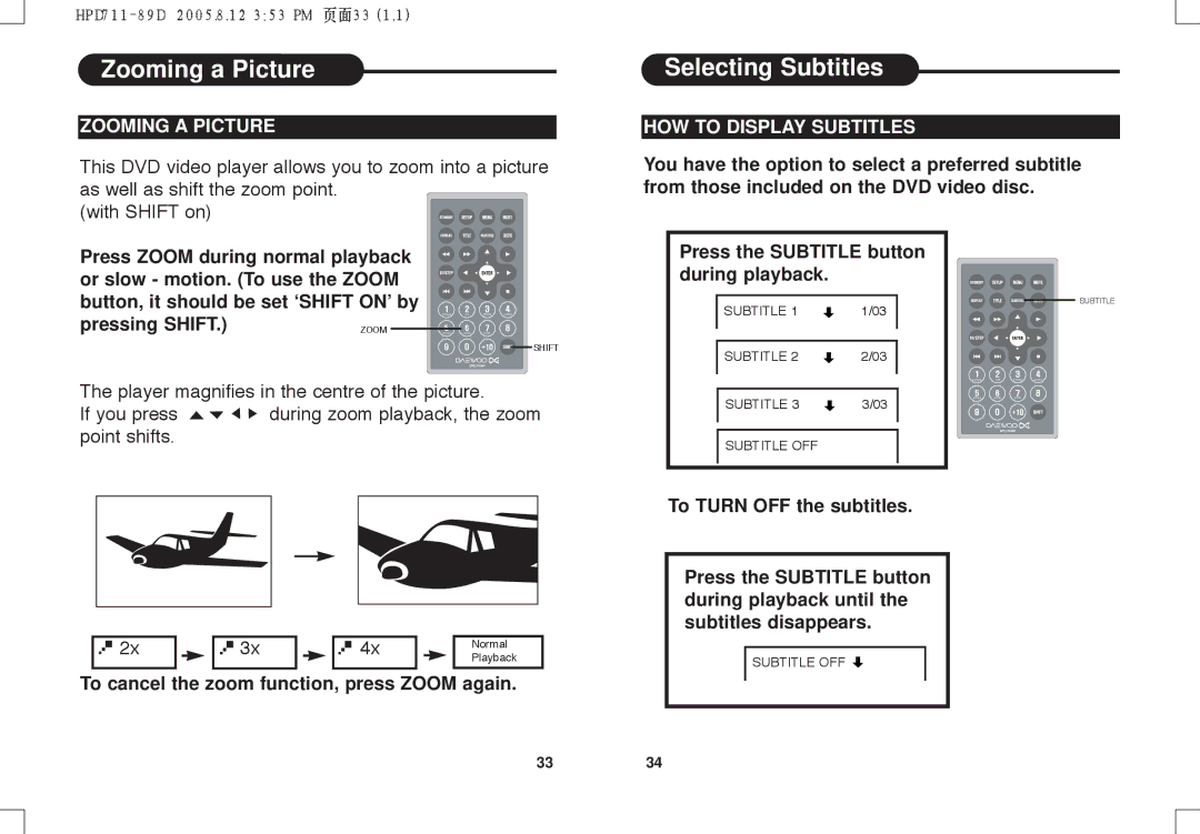 Daewoo DPC - 7400P manual Zooming a Picture, Selecting Subtitles, HOW to Display Subtitles 