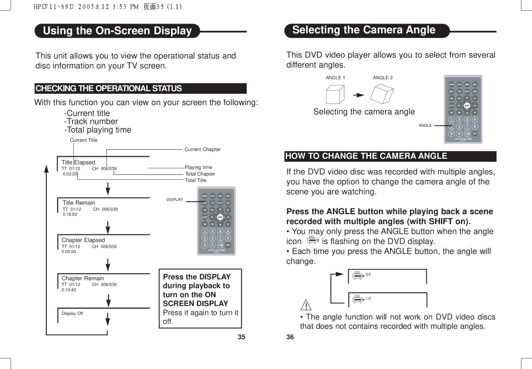 Daewoo DPC - 7400P manual Usingthe On-Screen Display, Selecting the Camera Angle, Checking the Operational Status 