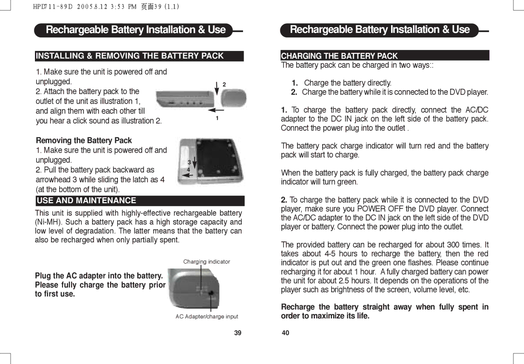 Daewoo DPC - 7400P Rechargeable Battery Installation & Use, Installing & Removing the Battery Pack, USE and Maintenance 