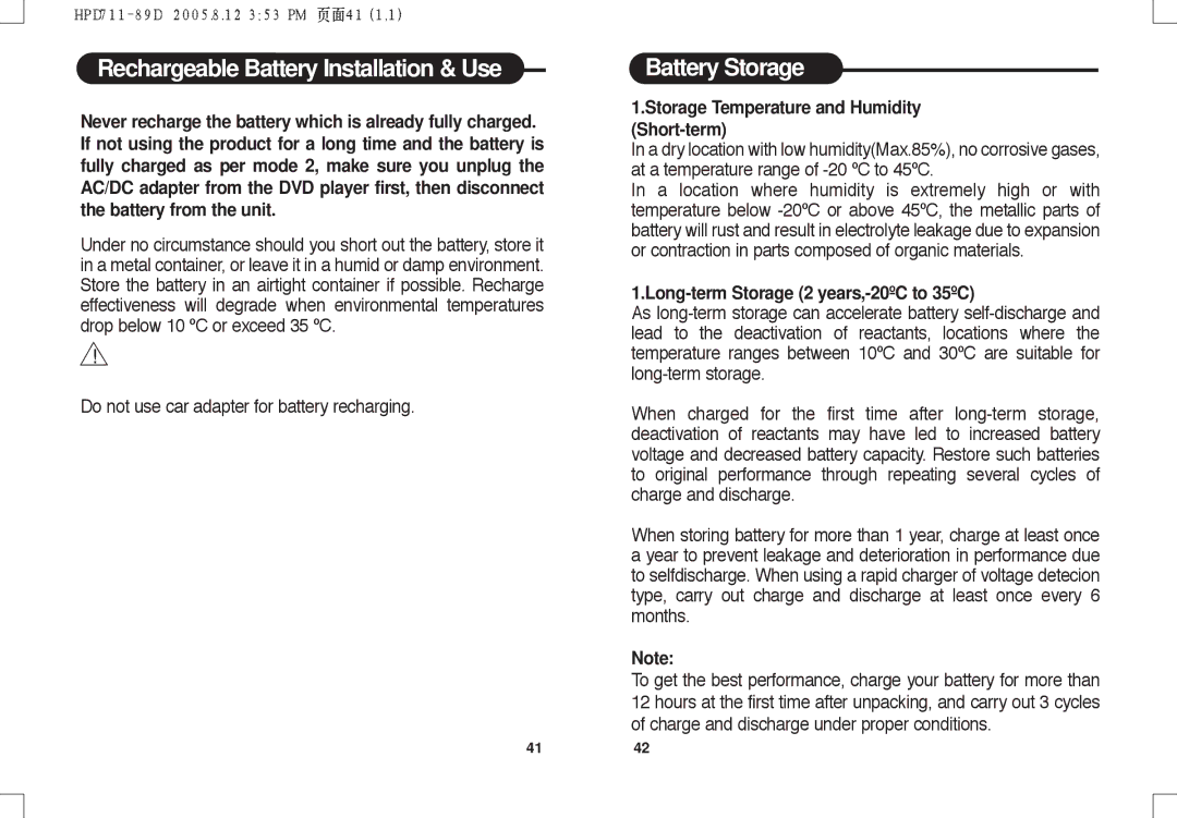 Daewoo DPC - 7400P Battery Storage, Storage Temperature and Humidity Short-term, Long-term Storage 2 years,-20ºC to 35ºC 