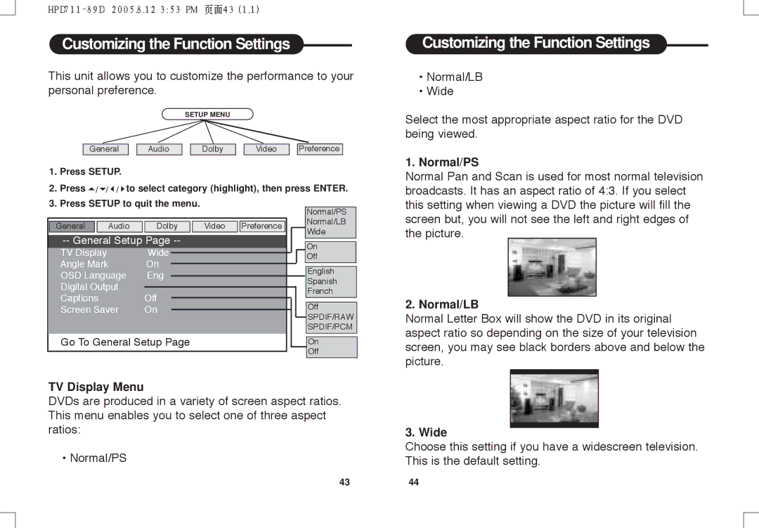 Daewoo DPC - 7400P manual Customizing the Function Settings, TV Display Menu, Normal/PS, Normal/LB, Wide 