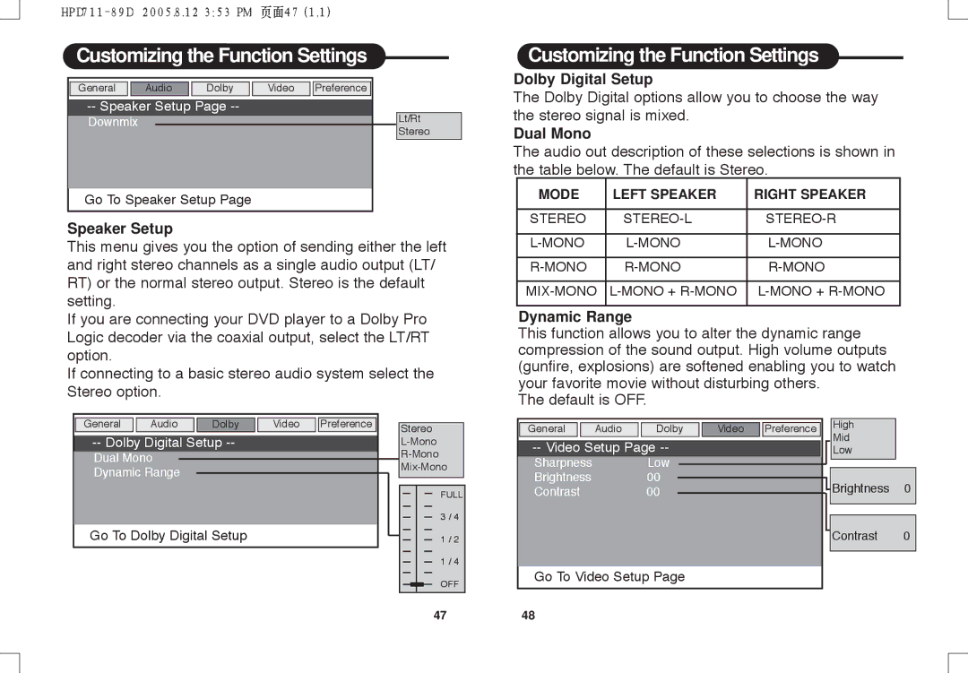 Daewoo DPC - 7400P manual Speaker Setup, Dolby Digital Setup, Dual Mono, Dynamic Range 