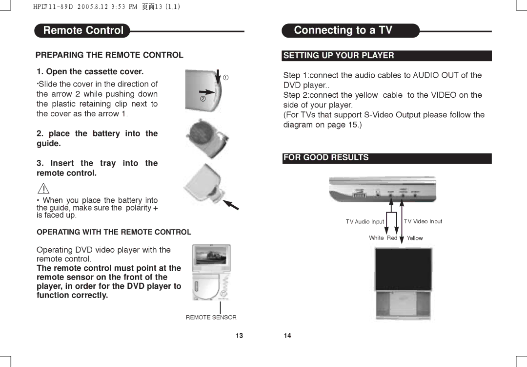 Daewoo DPC - 7400P Remote Control, Connecting to a TV, Open the cassette cover, Setting UP Your Player, For Good Results 