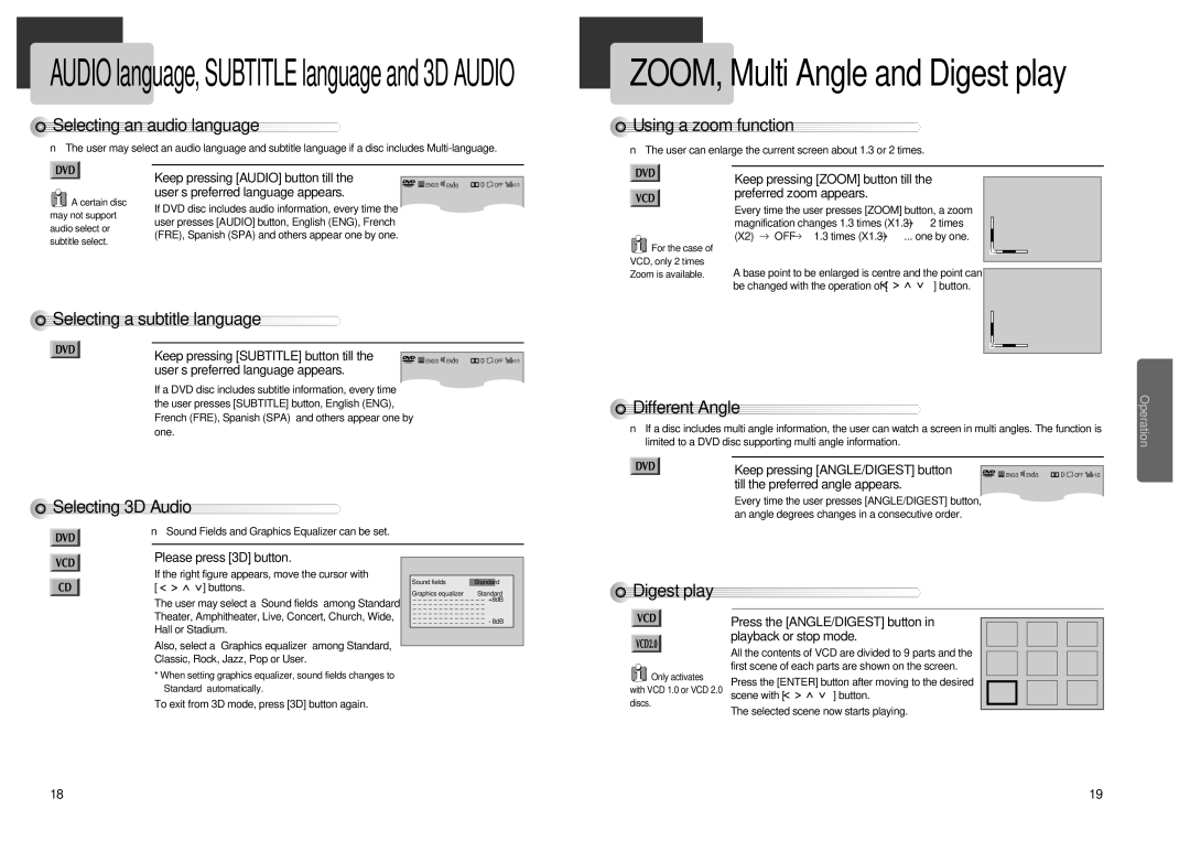 Daewoo Daewoo DVD Player Selecting an audio language, Using a zoom function, Selecting a subtitle language, Digest play 