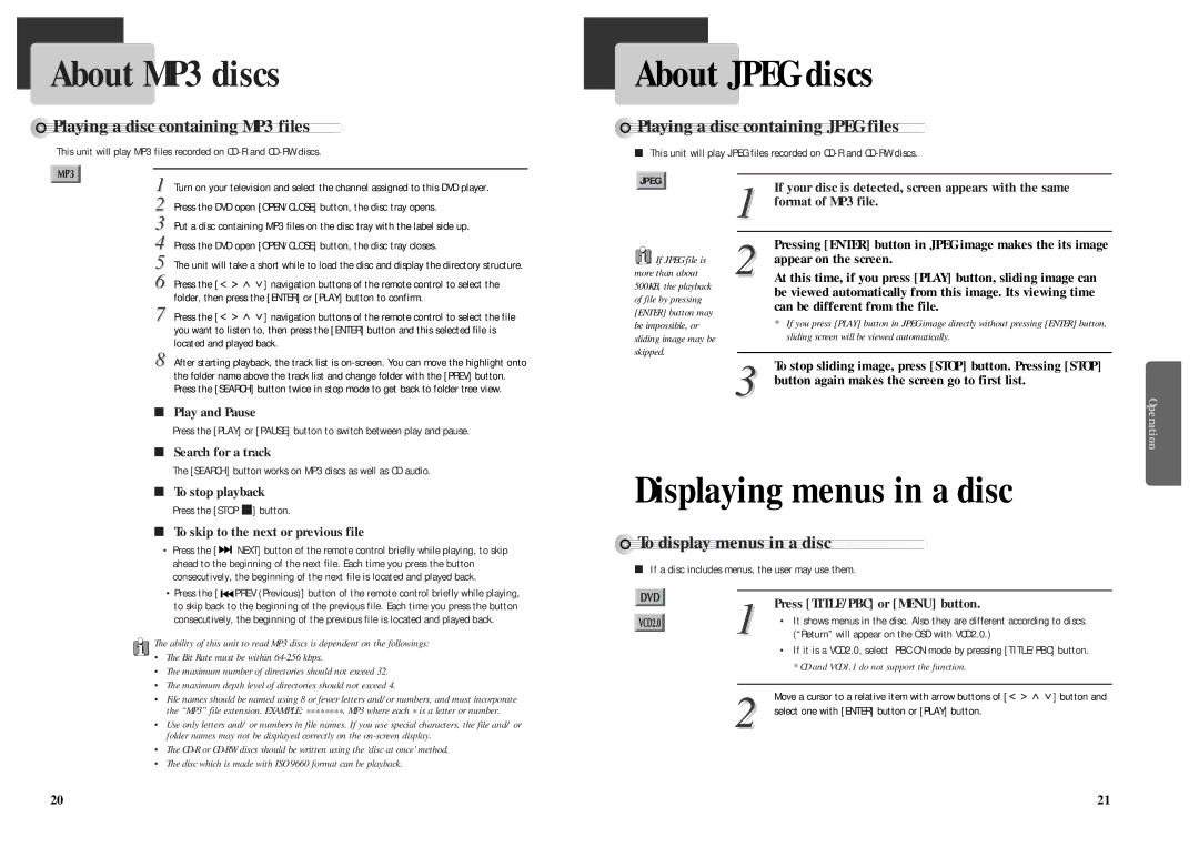 Daewoo DQD-2101D, Daewoo DVD Player owner manual About MP3 discs, About Jpeg discs, Displaying menus in a disc 