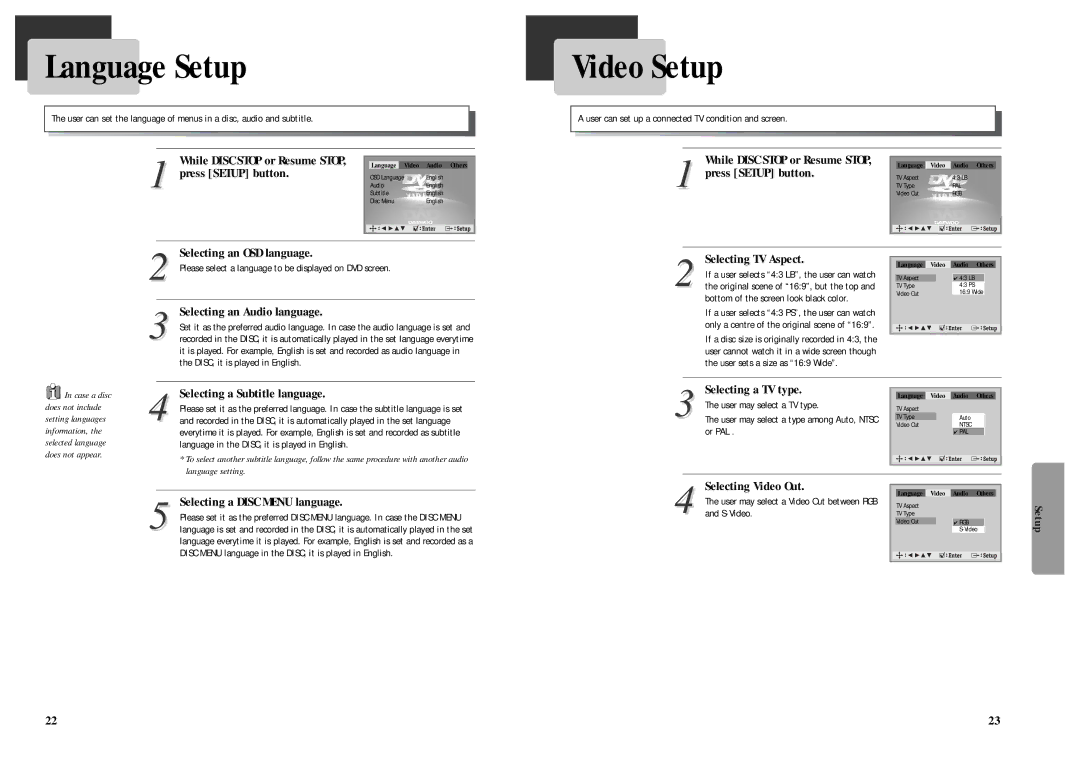 Daewoo Daewoo DVD Player, DQD-2101D owner manual Language Setup, Video Setup 