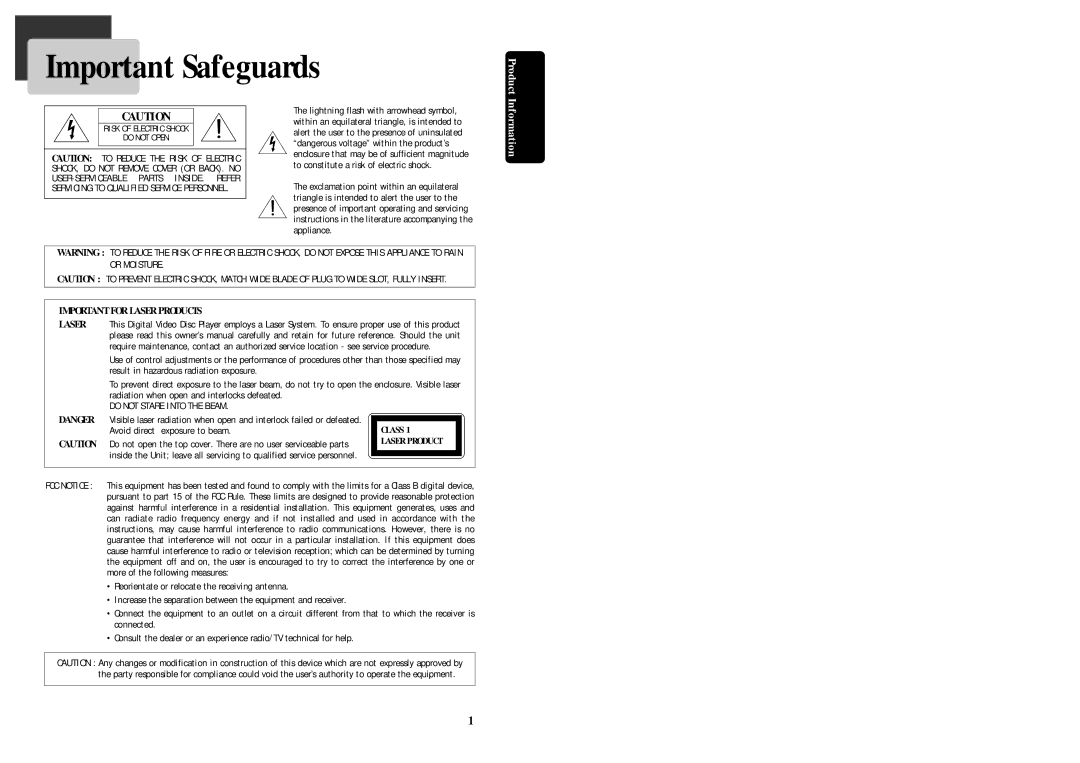 Daewoo DQD-2101D, Daewoo DVD Player owner manual Important Safeguards, Avoid direct exposure to beam 