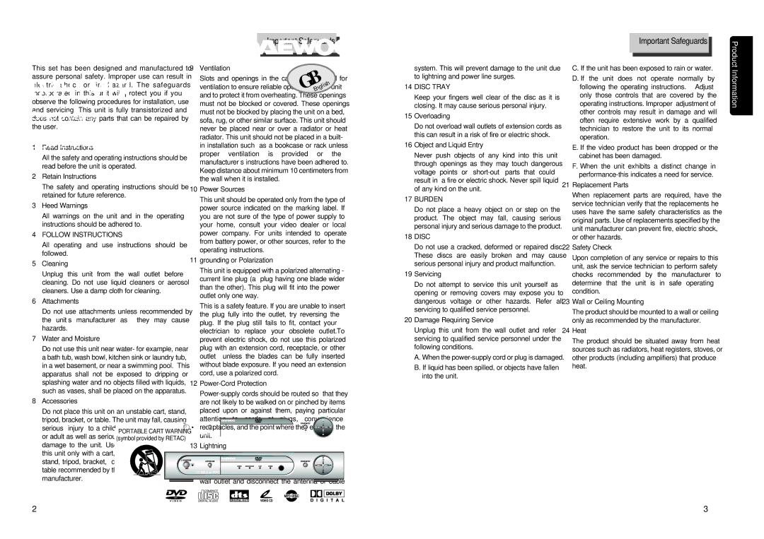 Daewoo Daewoo DVD Player, DQD-2101D owner manual Important Safeguards 