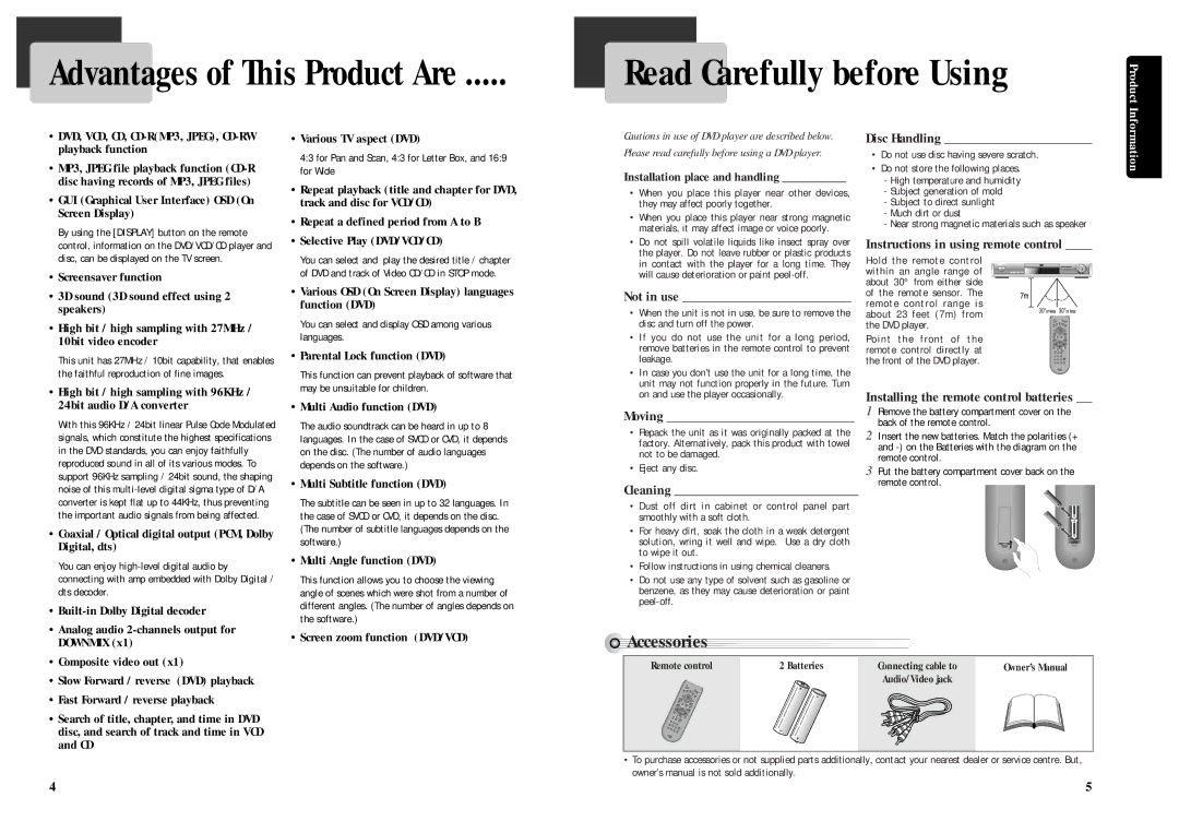 Daewoo DQD-2101D, Daewoo DVD Player owner manual Read Carefully before Using, Accessories 