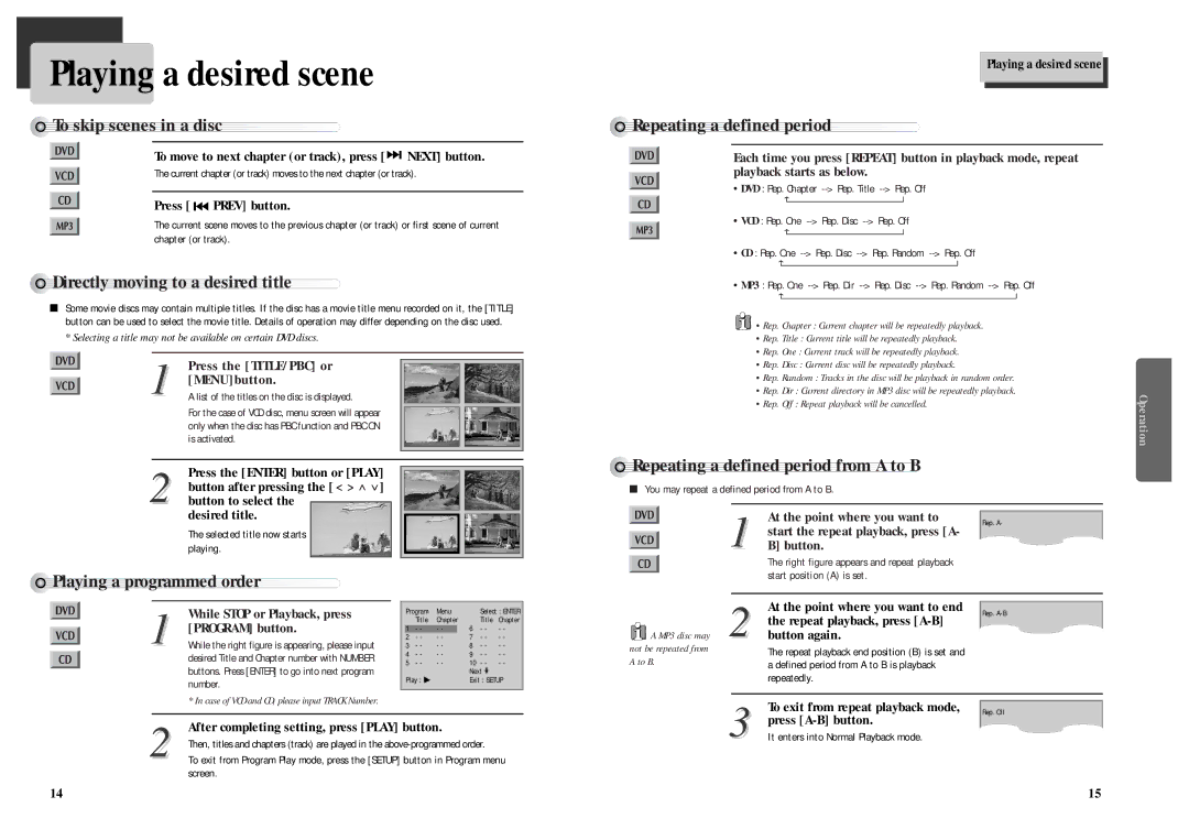 Daewoo Daewoo DVD Player, DQD-2101D owner manual Playing a desired scene 