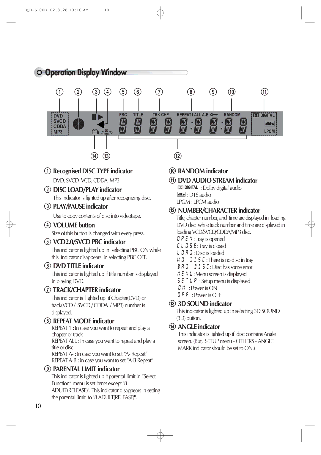 Daewoo dqd-2100d, dqd-6100d owner manual Operation Display Window 