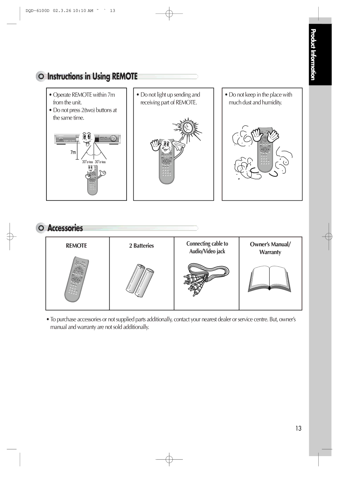 Daewoo dqd-6100d, dqd-2100d owner manual Instructions in Using Remote, Accessories, Batteries 