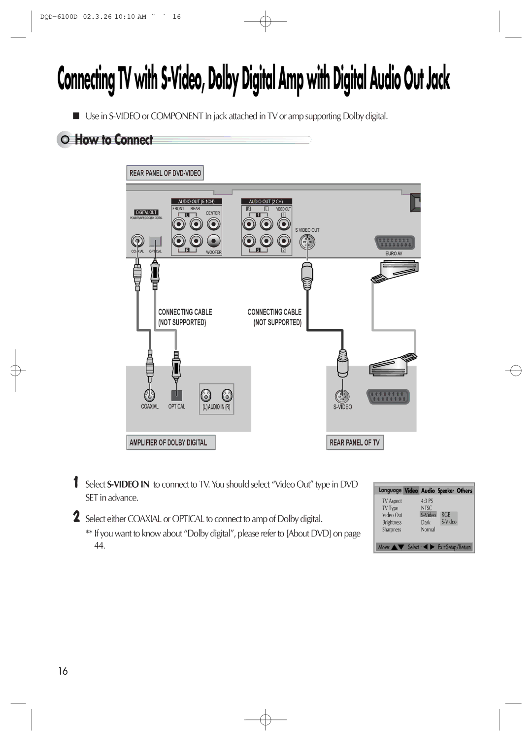 Daewoo dqd-2100d, dqd-6100d owner manual How to Connect, Language Video Audio Speaker Others 