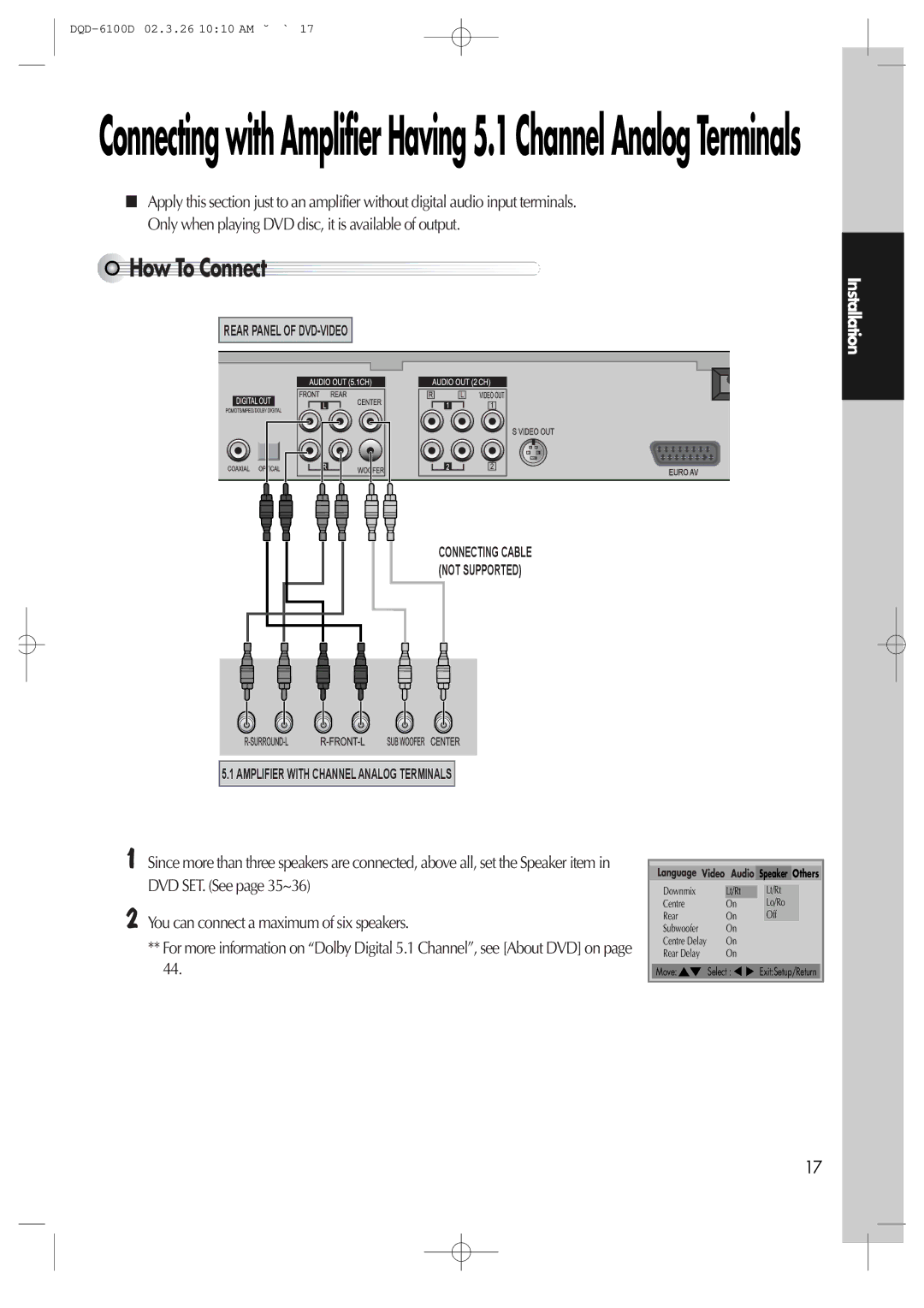 Daewoo dqd-6100d, dqd-2100d owner manual ConnectingwithAmplifierHaving5.1ChannelAnalogTerminals 