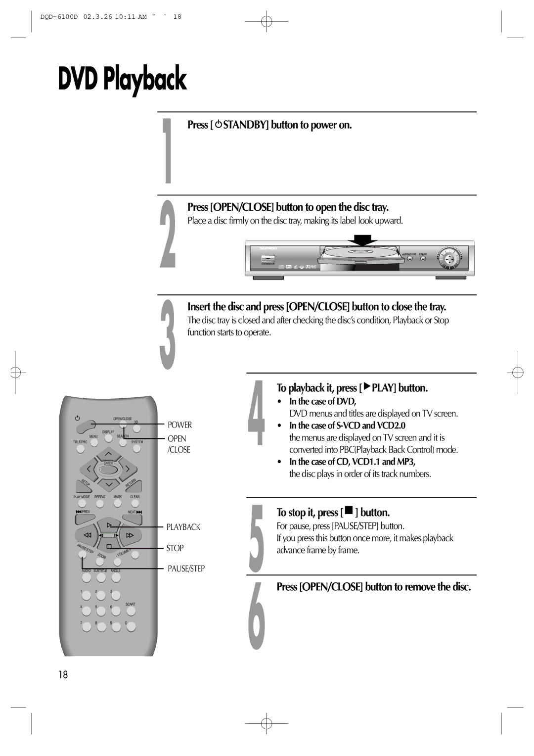 Daewoo dqd-2100d, dqd-6100d DVD Playback, Standby button to power on, Press OPEN/CLOSE button to open the disc tray 