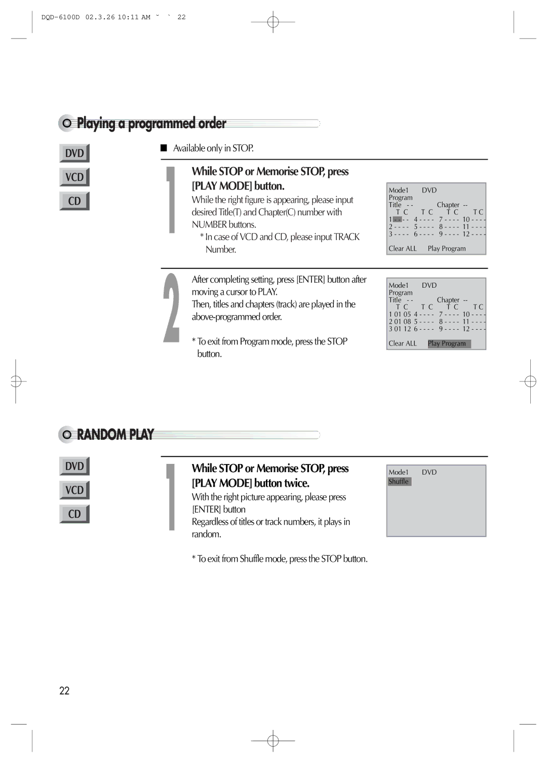 Daewoo dqd-2100d, dqd-6100d owner manual Playing a programmed order, Random Play, Play Mode button 