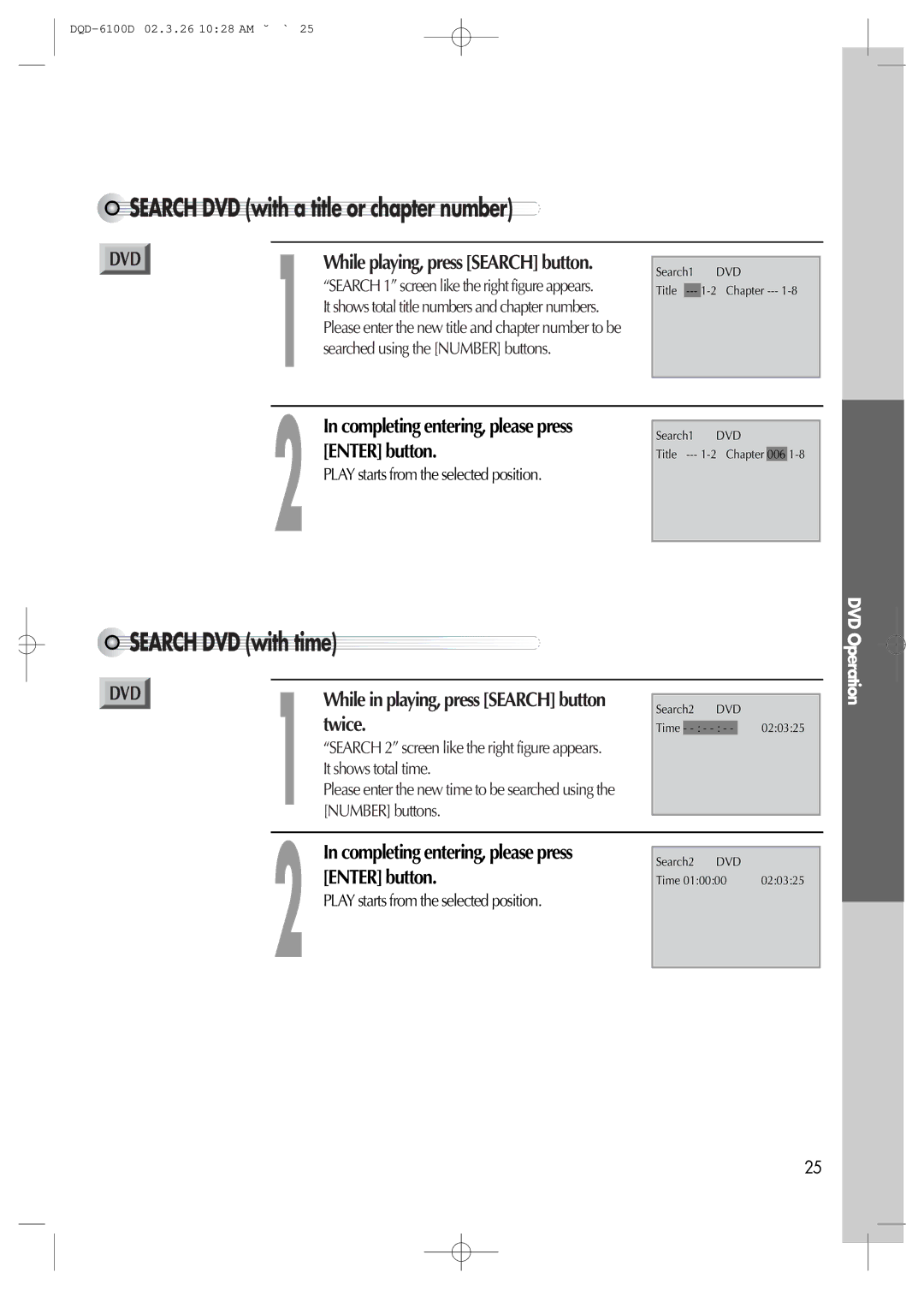 Daewoo dqd-6100d, dqd-2100d Search DVD with a title or chapter number, Search DVD with time, Enter button, Twice 