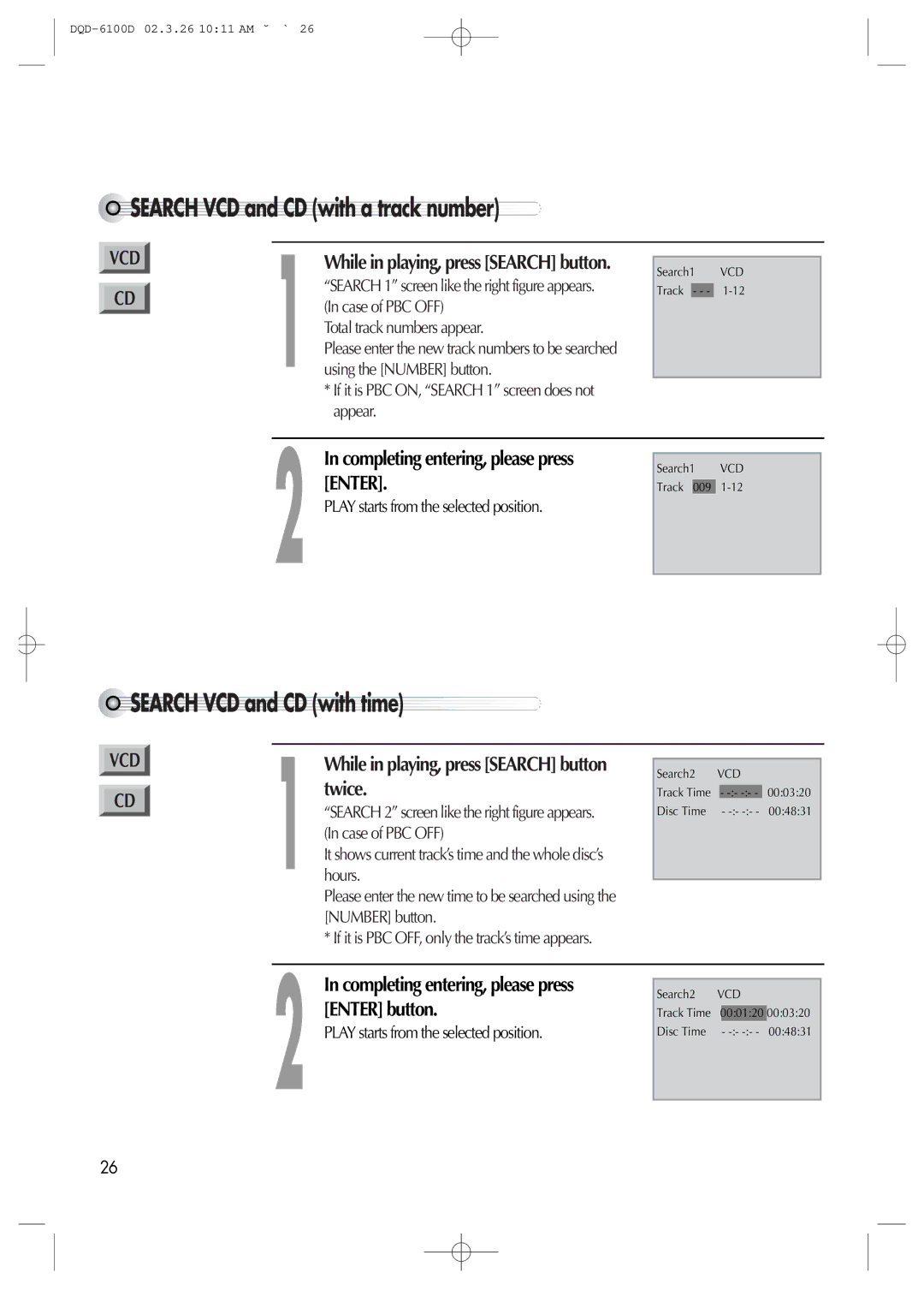 Daewoo dqd-2100d, dqd-6100d owner manual Search VCD and CD with a track number, Search VCD and CD with time 