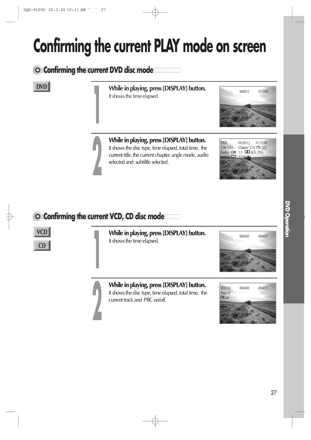 Daewoo dqd-6100d Confirming the current DVD disc mode, Confirming the current VCD, CD disc mode, It shows the time elapsed 