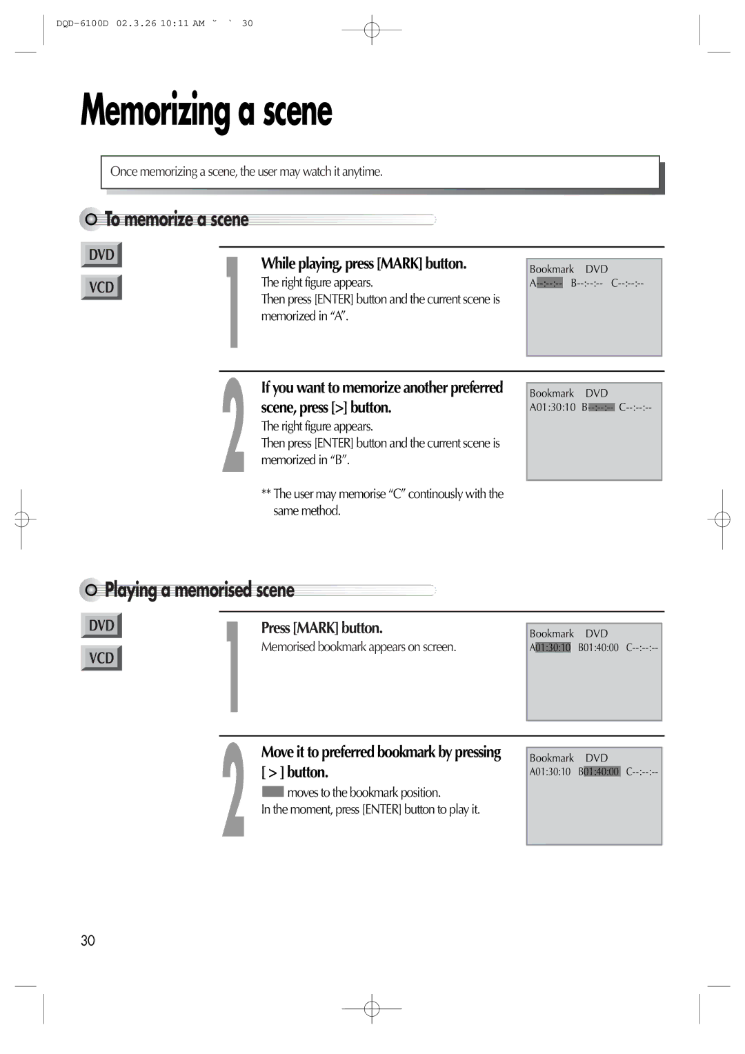 Daewoo dqd-2100d, dqd-6100d owner manual Memorizing a scene, To memorize a scene, Playing a memorised scene 