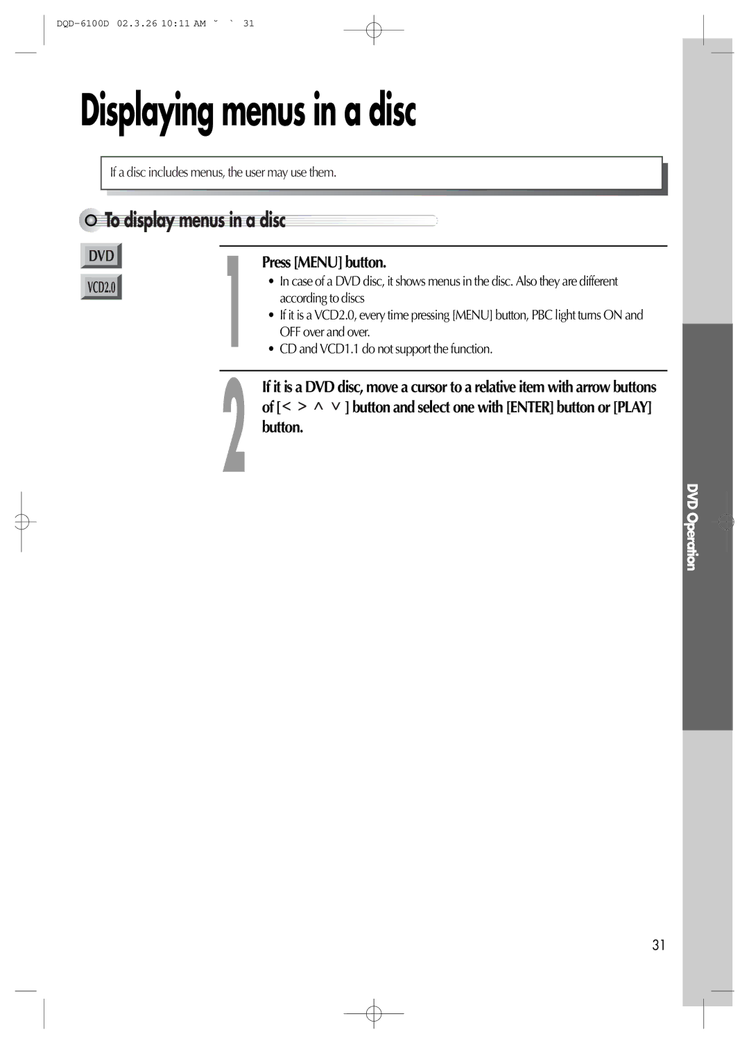 Daewoo dqd-6100d, dqd-2100d owner manual Displaying menus in a disc, To display menus in a disc, Press Menu button 