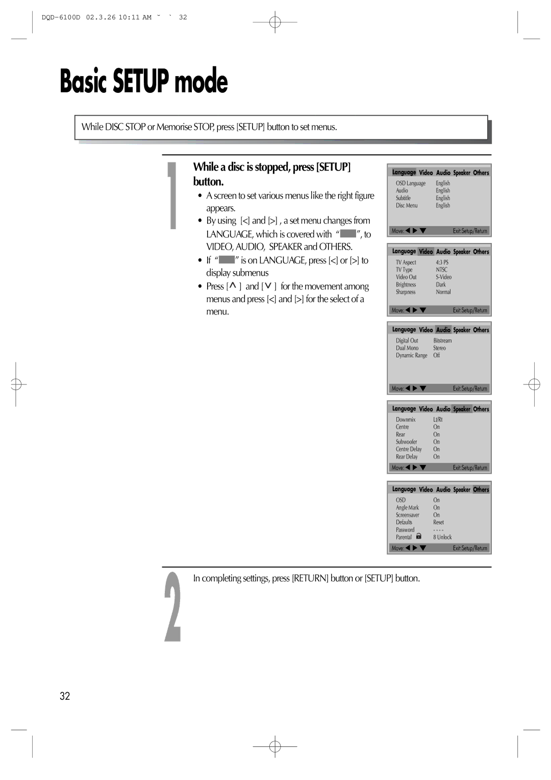 Daewoo dqd-2100d, dqd-6100d owner manual Basic Setup mode, While a disc is stopped, press Setup button 