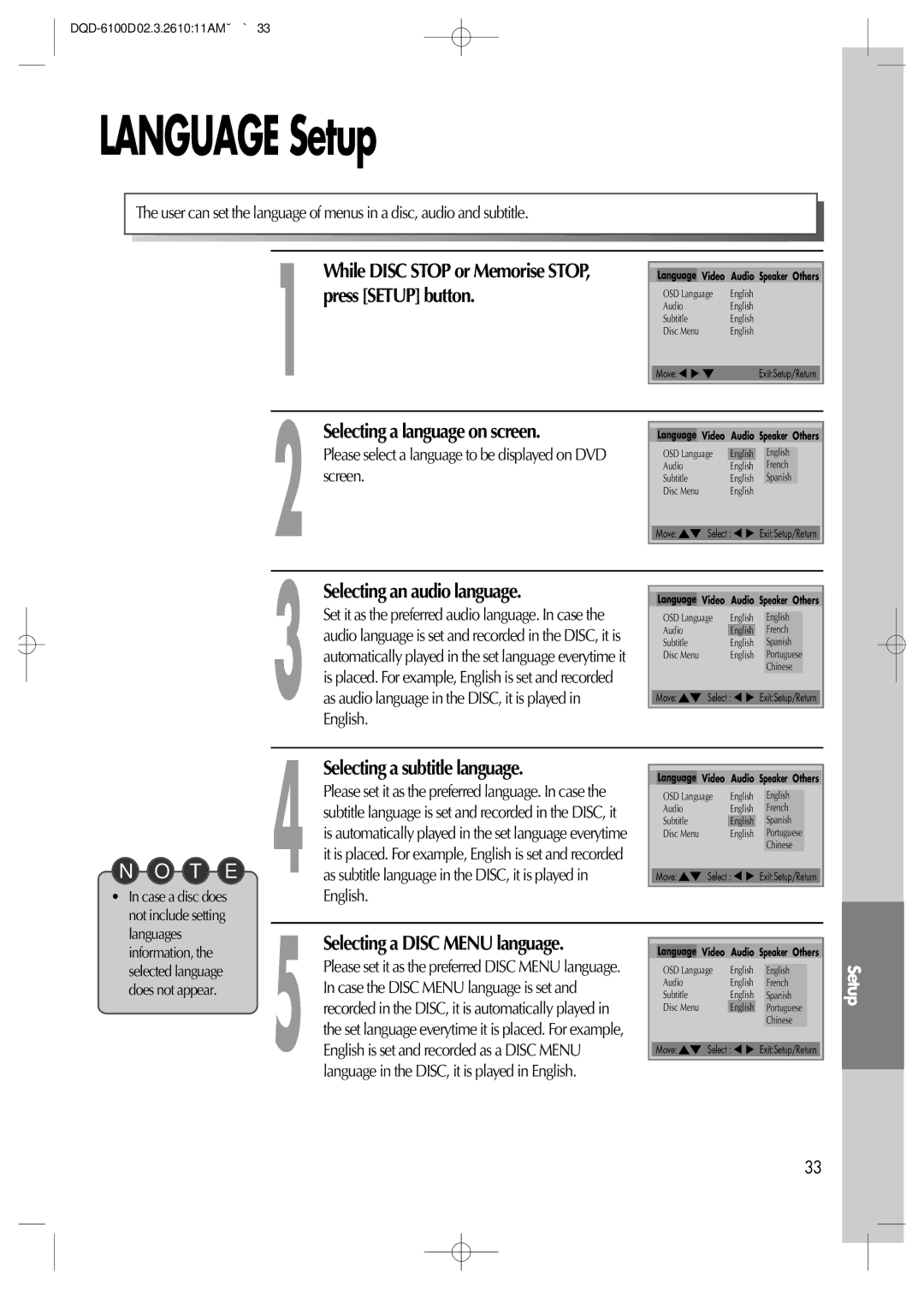 Daewoo dqd-6100d, dqd-2100d owner manual Language Setup, Selecting an audio language, Selecting a subtitle language 