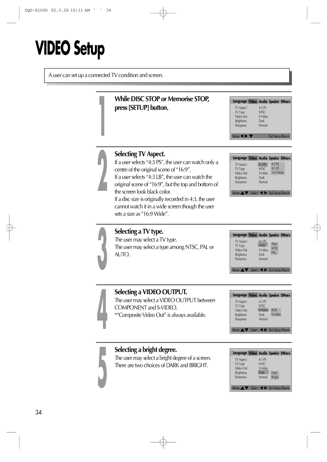 Daewoo dqd-2100d, dqd-6100d owner manual Video Setup, Selecting TV Aspect, Selecting a TV type, Selecting a Video Output 