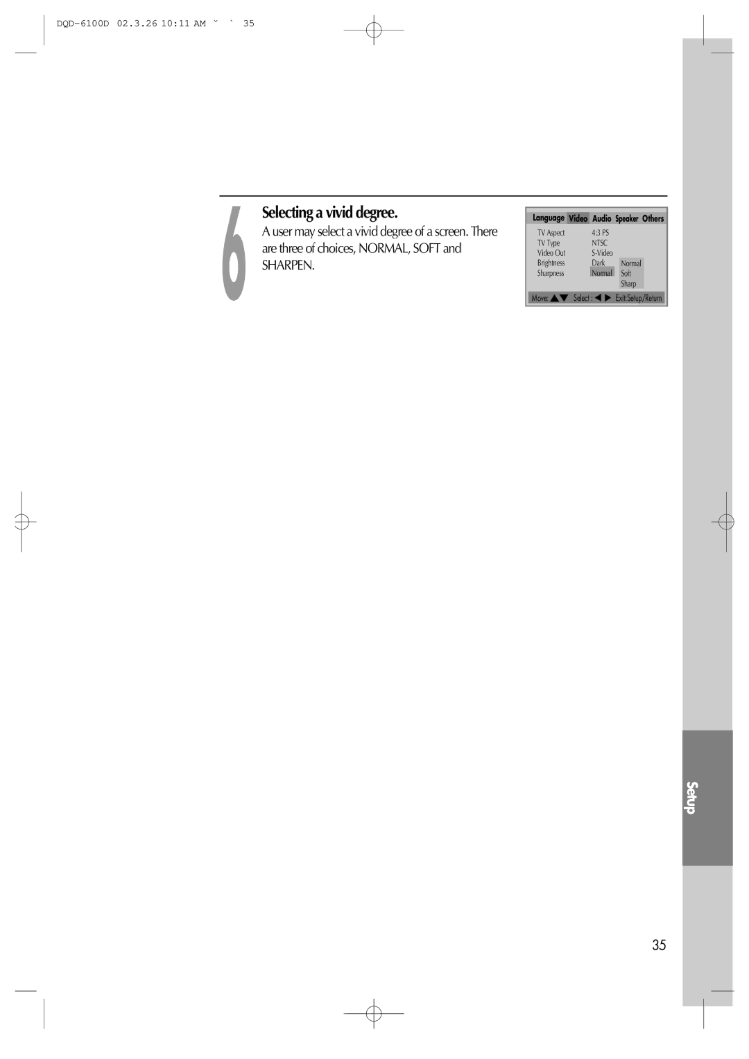 Daewoo dqd-6100d, dqd-2100d owner manual Selecting a vivid degree, Sharpen 