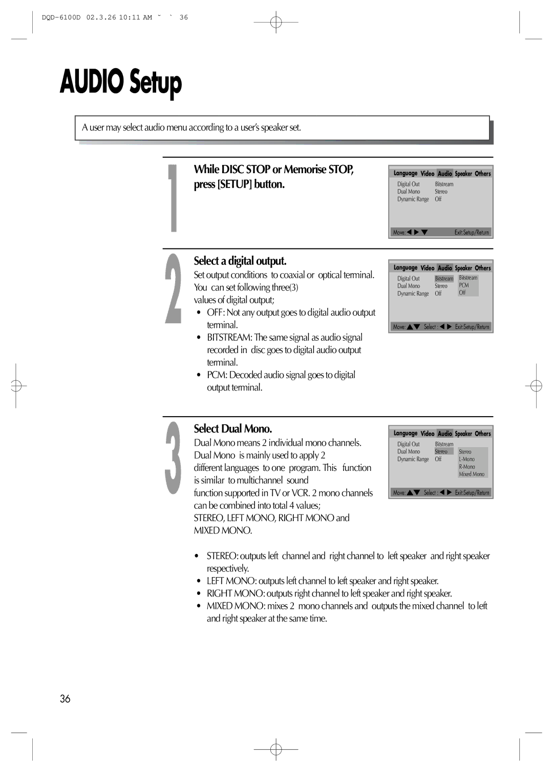 Daewoo dqd-2100d, dqd-6100d owner manual Audio Setup, Select a digital output, Select Dual Mono 