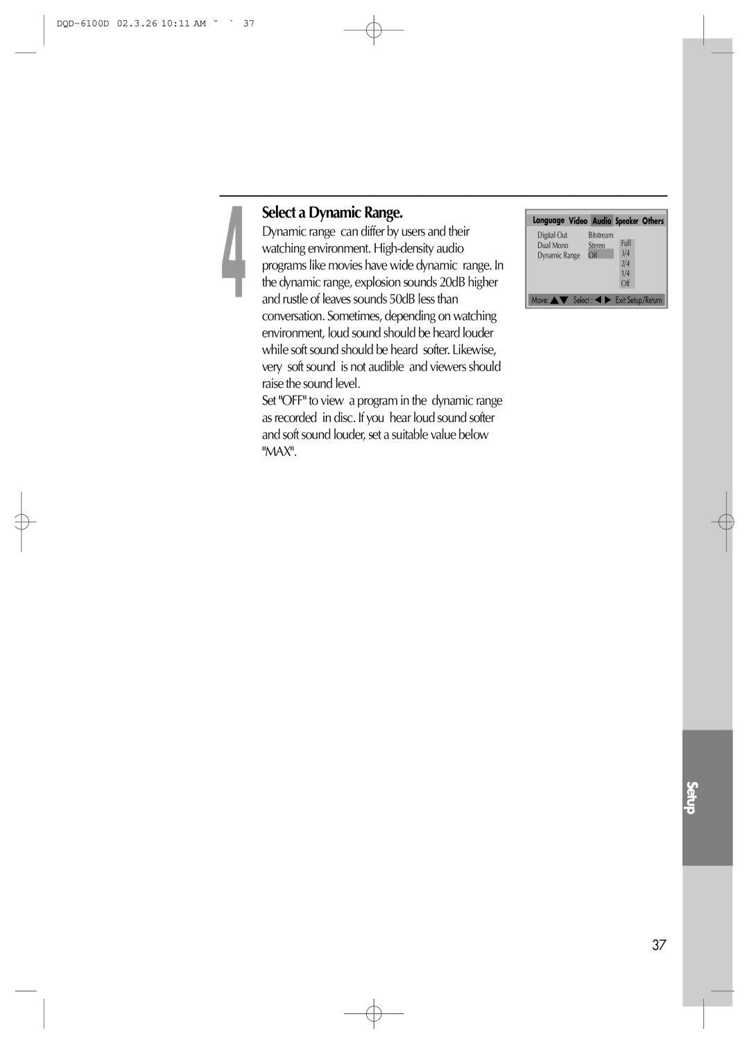 Daewoo dqd-6100d, dqd-2100d owner manual Select a Dynamic Range 