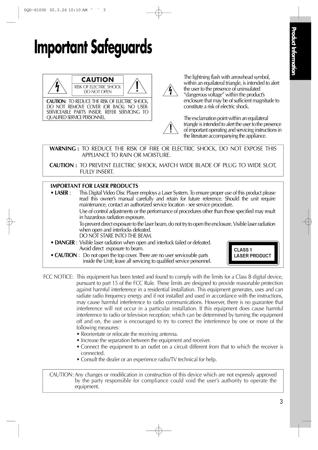 Daewoo dqd-6100d, dqd-2100d owner manual Important Safeguards, Important for Laser Products, Avoid direct exposure to beam 