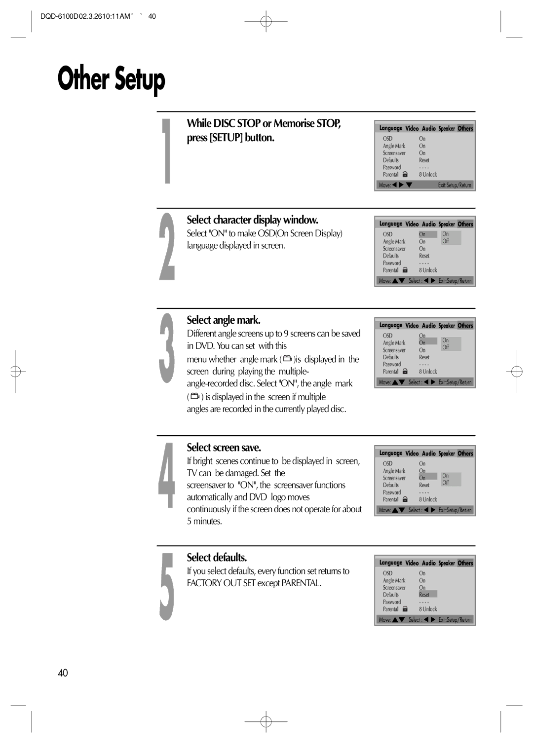 Daewoo dqd-2100d, dqd-6100d owner manual Other Setup, Select angle mark, Select screen save, Select defaults 