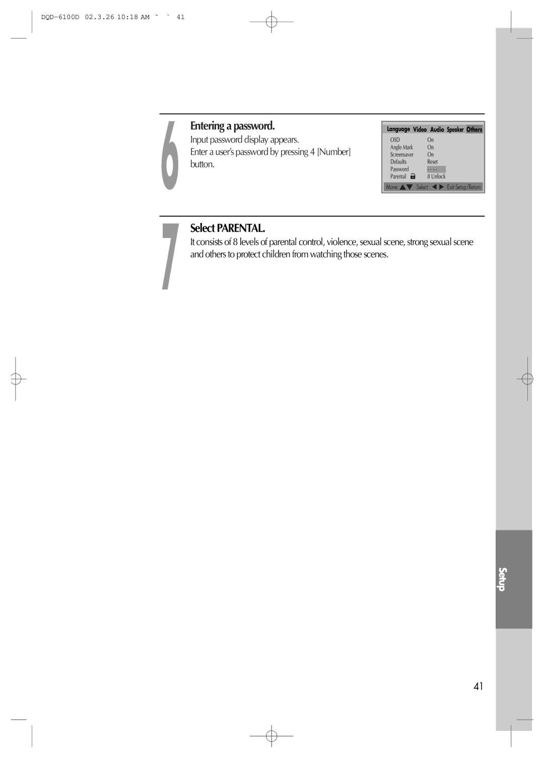 Daewoo dqd-6100d, dqd-2100d owner manual Select Parental, Enter a user’s password by pressing 4 Number button 