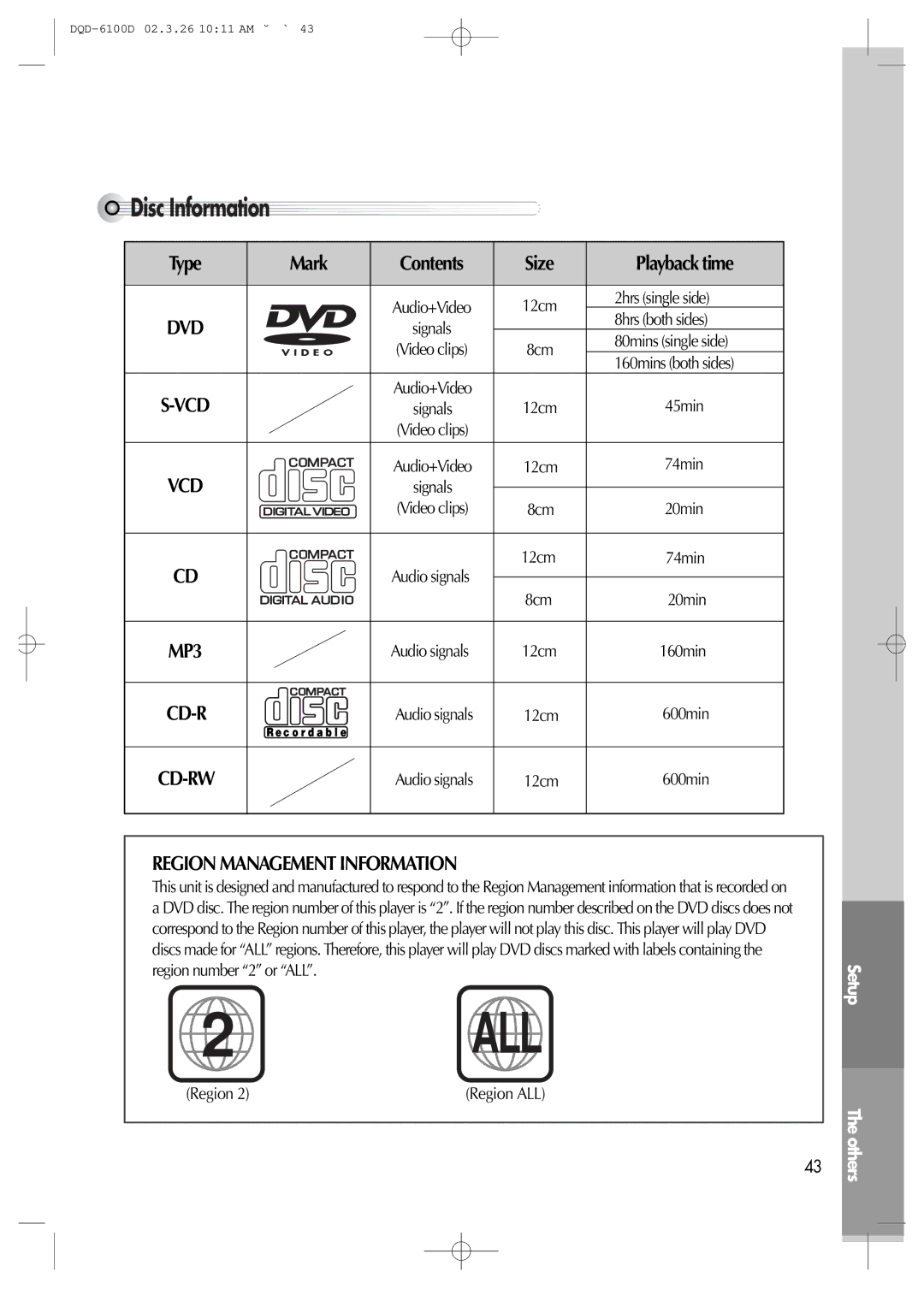 Daewoo dqd-6100d, dqd-2100d owner manual Disc Information, Mark, Size, Dvd, Vcd 