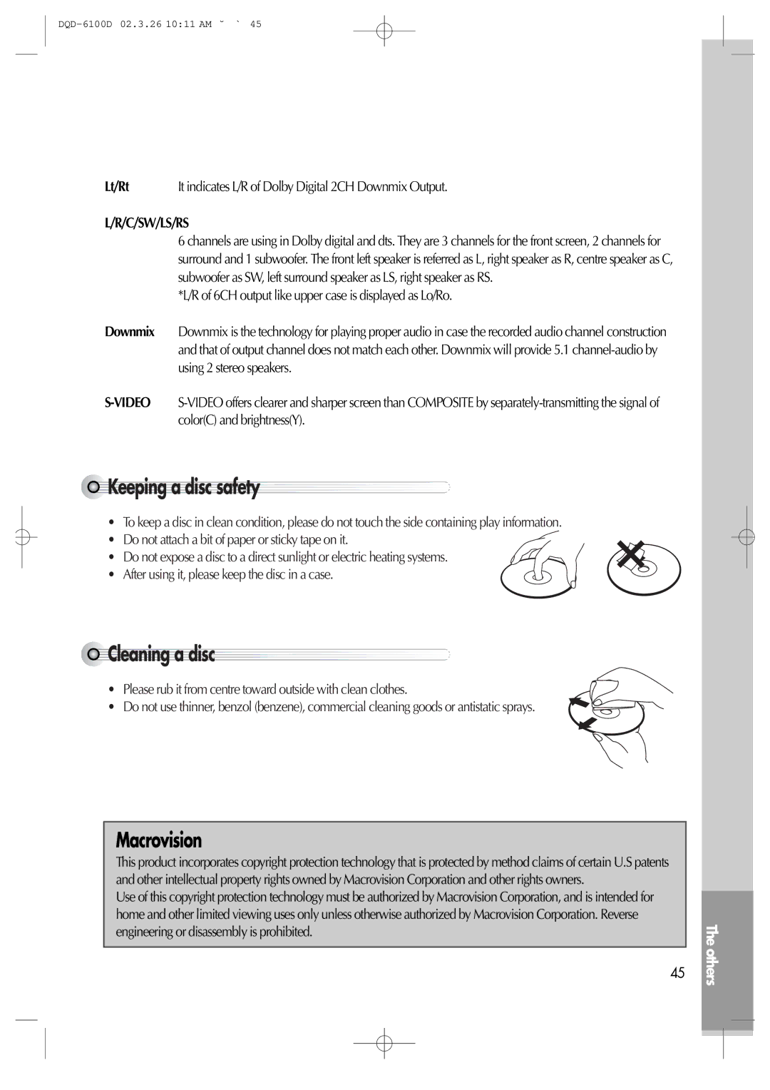 Daewoo dqd-6100d, dqd-2100d owner manual Keeping a disc safety, Cleaning a disc, Macrovision, Lt/Rt, C/Sw/Ls/Rs 